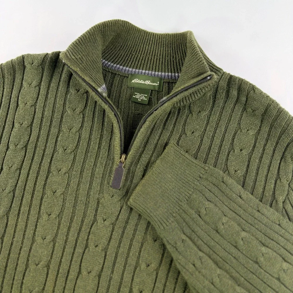 Eddie Bauer Quarter Zip Sweater Mens Medium Olive Green Cable Knit Cotton Mock